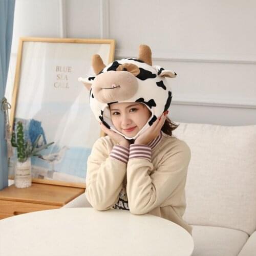 Funny Milk Cow Head Plush Hat Pillow Cosplay Cartoon Animal Stuffed Headgear Cap 066F