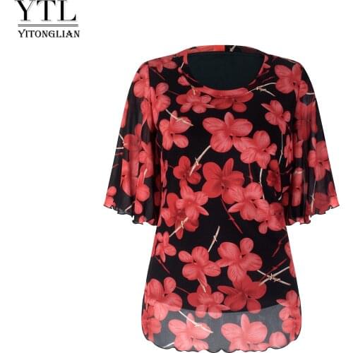 Yitonglian Womens Floral T-shirt O-neck Elegant Mesh Printed Tee Shirt Plus Size Casual Blouse Tops
