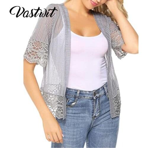 Womens Casual Lace Crochet Cardigan Short Sleeve Transparent Blouse Jacket