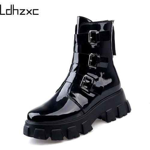 LDHZXC 2020 Thick Shoes Women Platform high heels Boots Spring Autumn Sexy Buckle Patent Leather Ladies Ankle Boots High Quality
