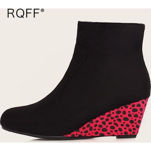 Winter Warm Ankle Boots Women Fashion High Wedges Heels Shoes Round Toe Plus Big Size 41 42 43 Red Blue Zipper Office Lady Plush