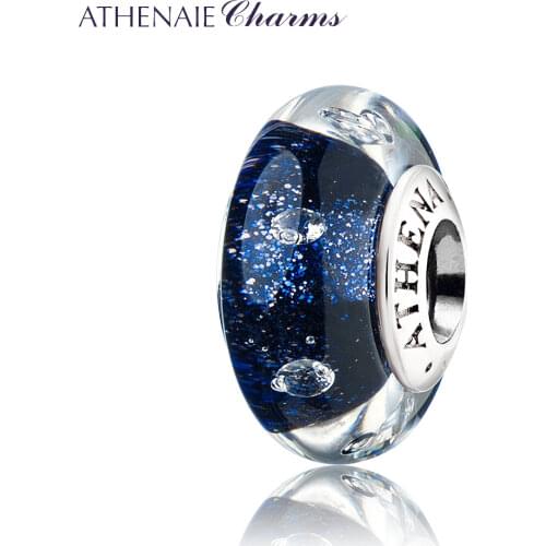 ATHENAIE 925 Silver Charms Genuine Murano Glass Beads Core Blink Dark Blue Sand Clear CZ Charms Fit Women DIY Bracelets Necklace