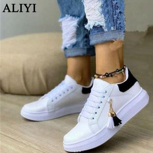 New White Sneakers Women 2021 Spring Autumn Casual Tessel Ladies Lace Up Comfy Flats Home Outdoor Running Walking Sport Shoes