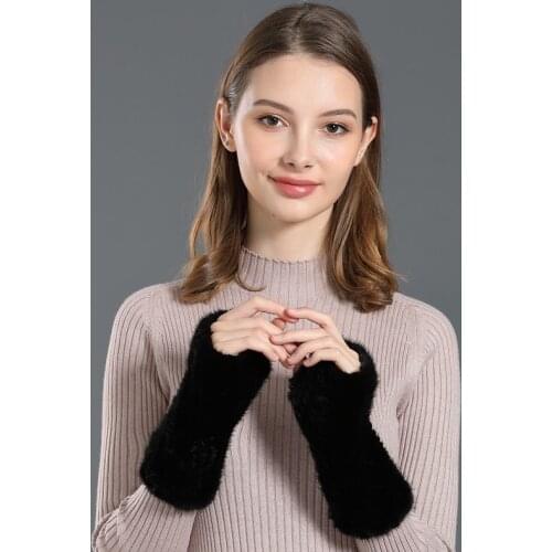 Womens fur glove 20cm Length Female Real Mink Knitted Fur Mittens Russian 2019 New Black Brown Solid Color Glove Genuine Fur