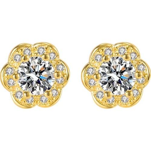 Fashion 925 Silver Jewelry Earrings with AAA Zircon Gemstones Flower Shape Gold Color Stud Earring Ornaments for Women Wedding