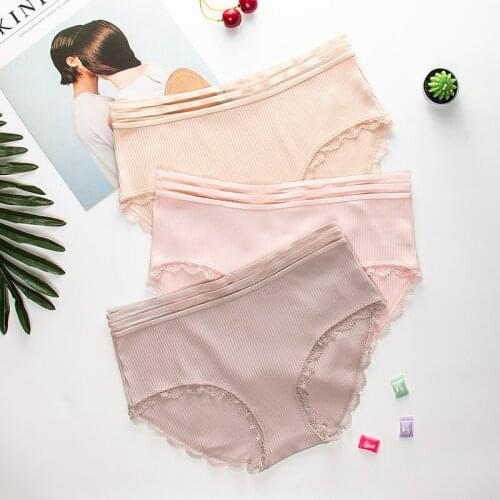 Wasteheart Women Fashion Pink Skin Cotton Lace Trim Low Waist Cotton Panties Underwear Lingerie Women Briefs 3 Piece 3 Color