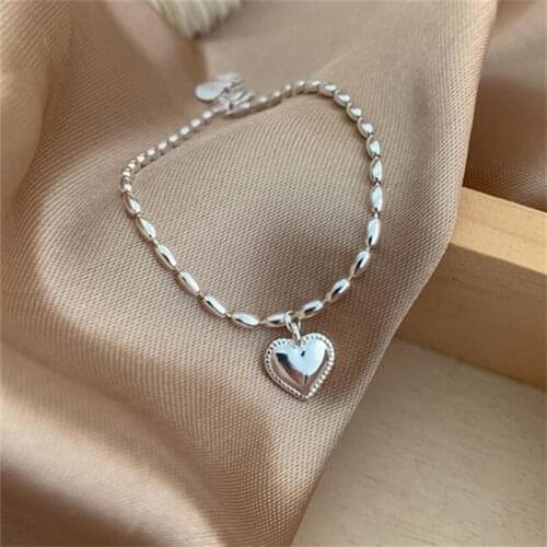 925 Sterling Silver Oval Bead Heart Charm Bracelet &Bangle For Women Girls Party Bohemian Jewelry SL198