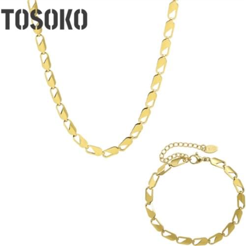 TOSOKO Stainless Steel 18 K Gold Geometric Design Hollow Out Necklace Women Fashion Simple Bracelet Set BSP162-E050