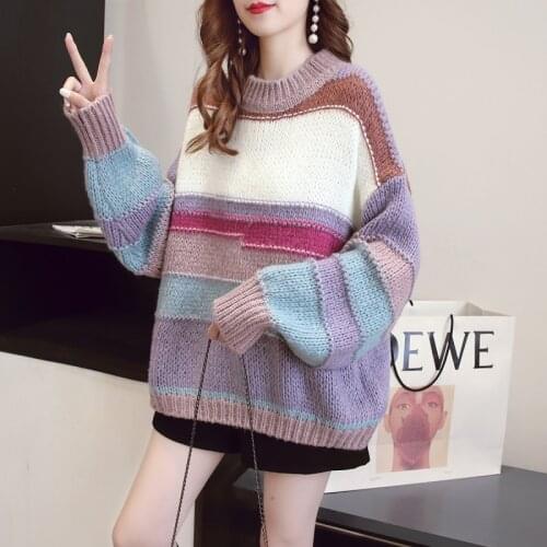 2021 Women Autumn O-Neck Sweater Long Sleeve Color Patch Women Warm Sweater Loose Style Winter Casual Women Pullovers Pull Femme