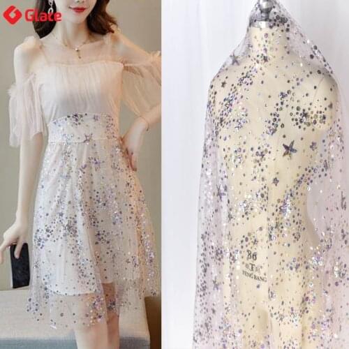 1 Yard Colorful star sequin embroidery transparend mesh dress DIY material handmade decoration childrens clothing fabric W3669
