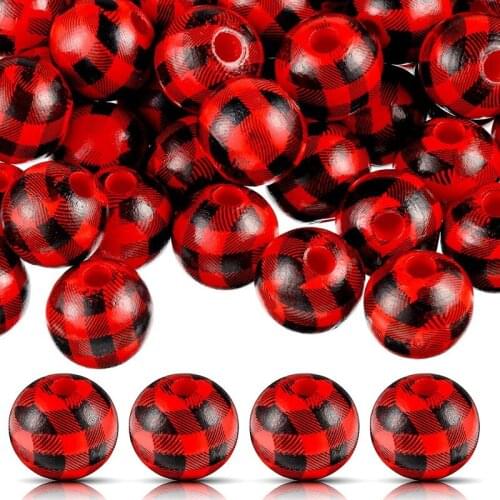 100 Pieces Plaid Wood Beads Buffalo Plaid Print Wooden Beads Round Bead Polished Spacer Bead