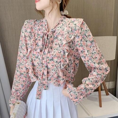 40# Fashion Women’s Elegant Blouses Bow Sleeve Chiffon Long Sleeve Vintage Floral Print Ladies Pullover Shirt Ropa De Mujer 2020