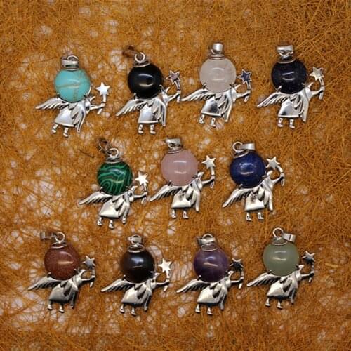 6pcs Natural Stone Gold sand stone angel Necklace Pendants Lucky Amulet Quartz Treat Crystal Charm for Jewelry Making Free