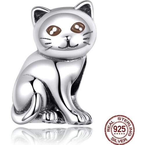 Auffik 100% 925 sterling silver lovely kitty charm fit bangle & original beads bracelet DIY jewelry making gift