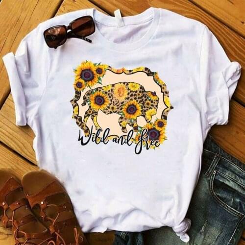 Bull Cattle Heifer Sunflower Wild Summer Graphic Tee Shirt Femme Printed Top Tshirt Clothes T-shirt Women Ladies Female T Womens