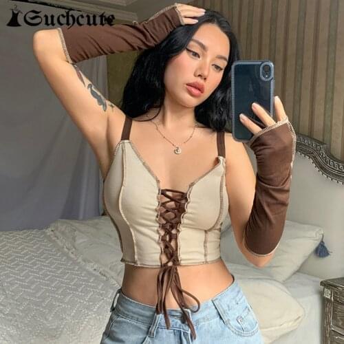 SUCHCUTE Harajuku Aesthetic Corset Top Women Crop Camis With Gloves Vintage Casual Bandage Streetwear Y2K Kawaii Basic Camisole