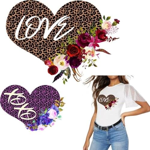 Leopard Love Flower Iron Patches Thermal Transfer Stickers On Clothes Iron On Patches DIY Washable T-shirt Decal Heat Transfer