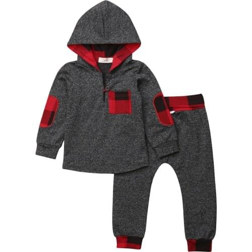 2020 New Fall Autumn 0-3Y Toddler Kid Baby Boys Girls 2Pcs Set Red Plaid Patchwork Hooded Sweatshirt+Pants Warm Outfits Clothes