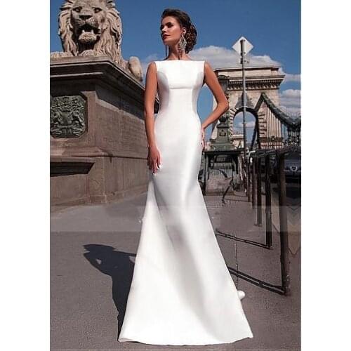 Charming Satin Bateau Neckline Mermaid Wedding Dresses With Detachable Train Custom Made Bridal Gowns Cheap
