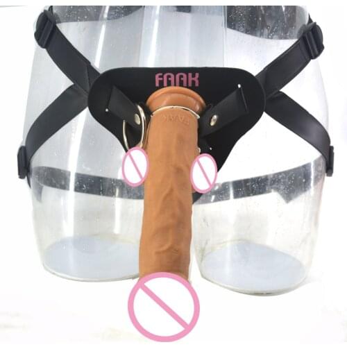 FAAK strap on silicone realistic penis strapon dildo leather belt harness double layer dick sex toys suction women masturbator