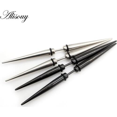 Alisouy 2pcs Unisex Stud Earrings Gothic Punk Spike Cone Stainless Steel Dumbbell Barbell Ear For Men Women Piercing Jewelry