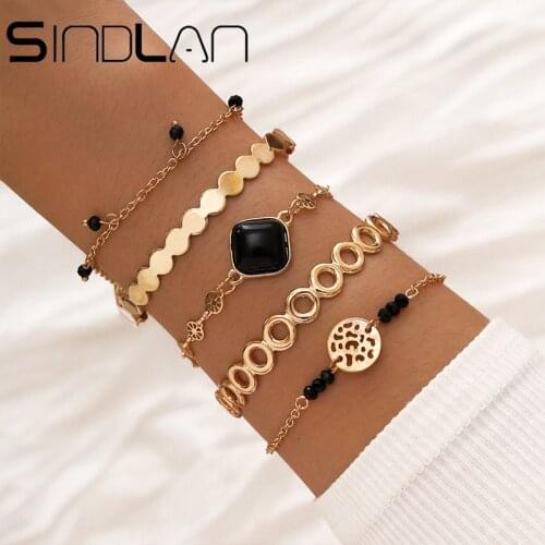 Sindlan 5Pcs Boho Gold Geometric Hollow Open Bangle Bracelet for Women Charm Black Beads Oil Drop Fashion Set Wrist Jewelry Gift