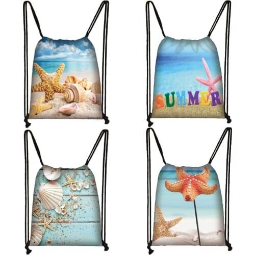 Blue Ocean Cute Starfish Drawstring Bag Conch Print Leisure Backpack for Teenagers Boys Girls Storage Bags Satchel Rucksack