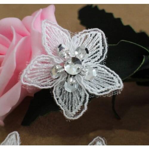 Beads Embroidered Lace Flower Pattern Patch Rhinestone Beaded Applique Handcraft Wedding Dress Accessory 5.5cm 10PC