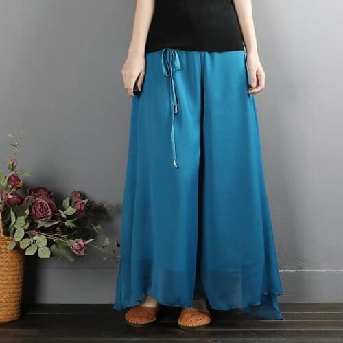 WomenS Pants 2021 Summer New Pleated Chiffon Wide Leg Pants Fashion Slim High Waist Drape Elegant Pants Skirt Trousers AA5760