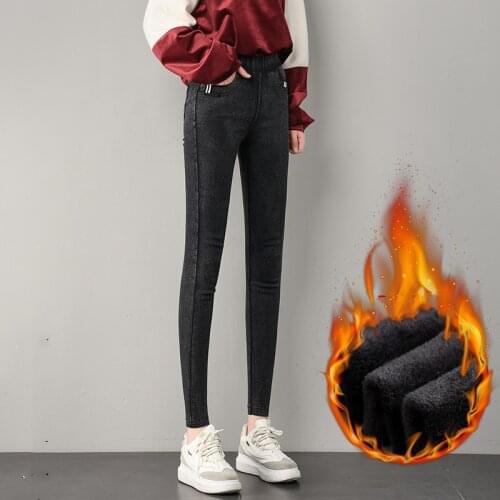 New Autumn Winter Women Thick Velvet Jeans Pocket Webbing Warm Snowflake Pencil Pants Elastic Straight Leggings Skinny Jeggings