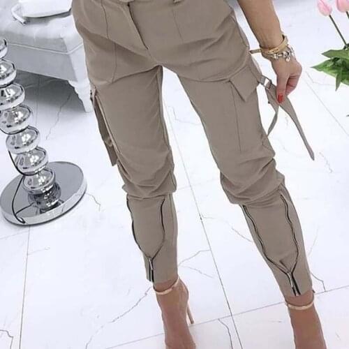 Women Zipper Casual Beam Feet Pants Office Lady Black Plaid High Waist Pencil Pants Straight Green Cargo Pants Button Overalls