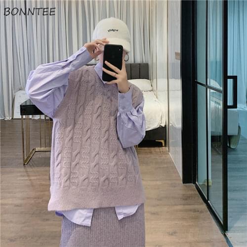 Women Sets 2 Piece Purple Loose Turn-down Collar Long Sleeve Shirts Tender Temperament Knitted Sweater Vest Autumn All-match Ins