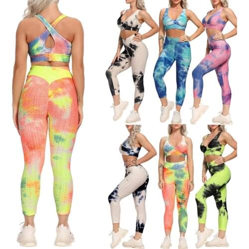 FITTOO Womens Tracksuit 2Pieces Sets Sport Tie Dye Capris+ Rainbow Bras Gym Workout Leggings for Fitness Womens Clothing