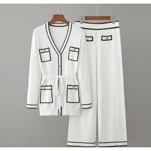 Autumn Long Sleeve Knitted Suit Women Lace Up Single-Breasted V-Neck Cardigan Coat+Elastic Waist Wide Leg Pants Pants 2 Pce Sets