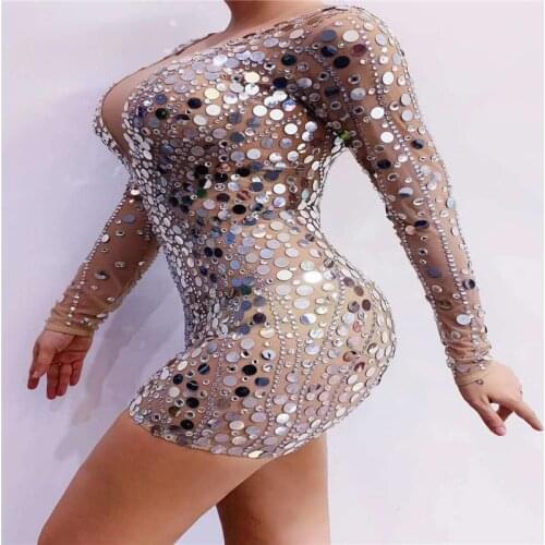 V33 Singer perform evening dress elastic silver mirror women pole dance dress costumes diamonds sleeve see through skirt siamese