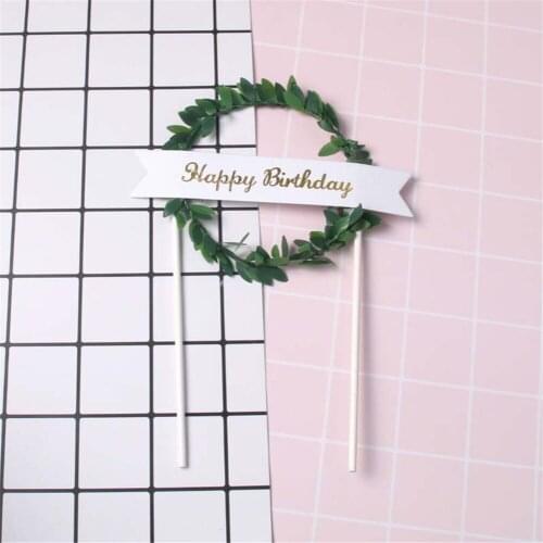 1Pcs Green Leaf Wreath "Happy Birthday"Cake Topper Dessert Decoration for Birthday Party Lovely Gifts Babyshower Favor