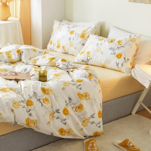 Cilected 100% Cotton Yellow Floral Print Quilt Cover Pillowcase Ins Simple Single Double Duvet Core Protective Cover Home Decor