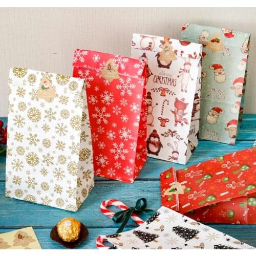 5/6sets Christmas Gift Bags Santa Claus Snowflake Kraft Paper Bag with Xmas Tree Seal Stickers New Year Party Candy Cookie Bag