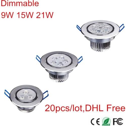 9W 15W 21W Dimmable LED Panel Light Recessed LED Ceiling Downlight 85-265V Warm/Cold White indoor light 20pcs/lot,DHL Free