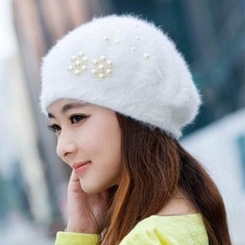 Rabbit Fur Berets Korean Style Pearls Decorative Pure Color Knitted Warm Thicken Autumn Winter Temperament All-Match Accessories