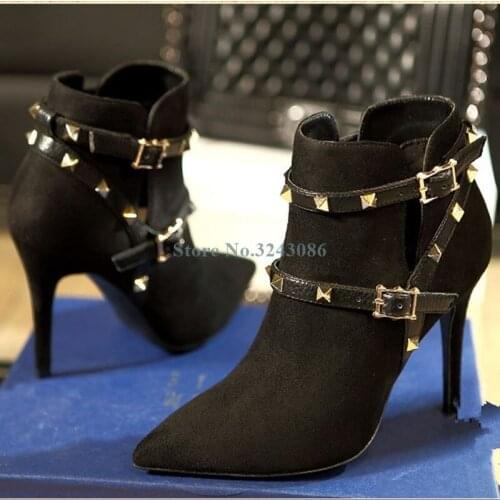 Black Green Red Suede Ankle Boots Buckle Strap Rivet Thin High Heel Boots Fashion Casual Women Spring Autumn Short Boots