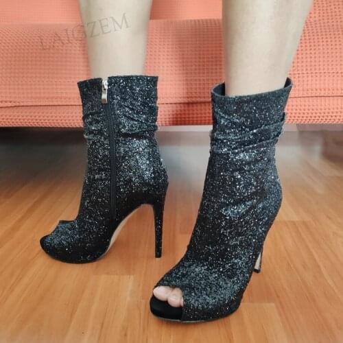 DOBANER Women Ankle Boots Glitter Black Peep Toe Stiletto High Heels Booties Party Club Ladies Shoes Woman Plus Size 43 44 46 47