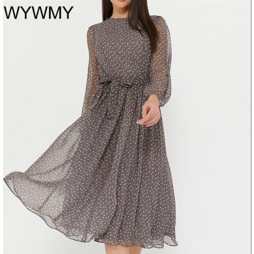 WYWMY Woman Dress Elegant Dot Print Long Sleeve Spring Dresses Casual Chiffon A Line Dress Women Vintage Midi Vestidos De Fiest