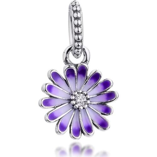 Purple Daisy Charm for Bracelets 2021 Mothers Day Women Wholesale Beads New Arrival DIY S925 Sterling Silver Pendant