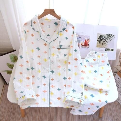 Cotton Gauze Pajamas for Women Long-sleeved Sleepwear Lady Loose Home Clothing Two-piece Set Turn-down Collar Print Loungewear