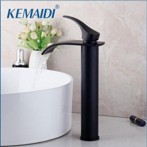 KEMAIDI Black Waterfall Basin Sink Faucet Bathroom Mixer Tap Wide Spout Vessel Sink Faucets Hot Cold Water Tap Deck Mounted