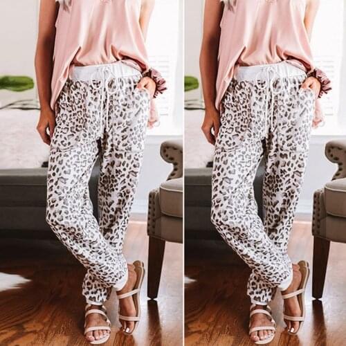 Kili Womens Fashion Leopard Print High Waist Lace-Up Casual Pants Beige