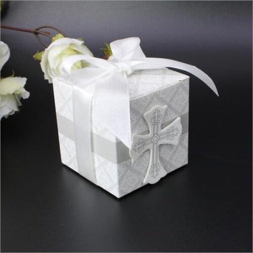 50pcs/lot First Communion cross candy box baby shower wedding party bomboniere wrap with ribbons paper packaging gift bag