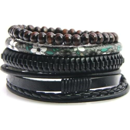4pcs/Set Leather Bracelet Men Multilayer Bead Bracelet Punk Wrap Bracelets for Women Vintage punk Men Jewelry Multi Color Select