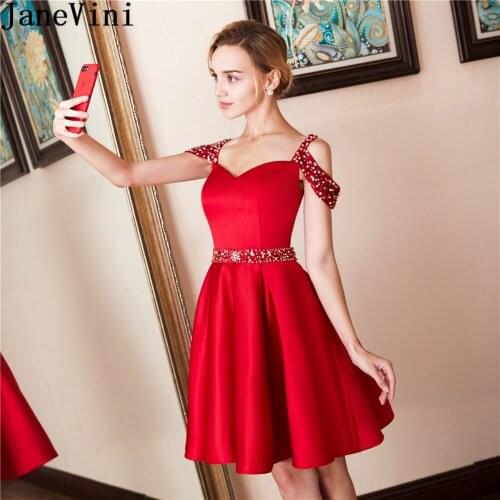 JaneVini Red Short Formal Dresses Sparkly Beaded Cocktail Dress Crystal Satin Skirt Women Party Gowns 2019 abito cocktail donna